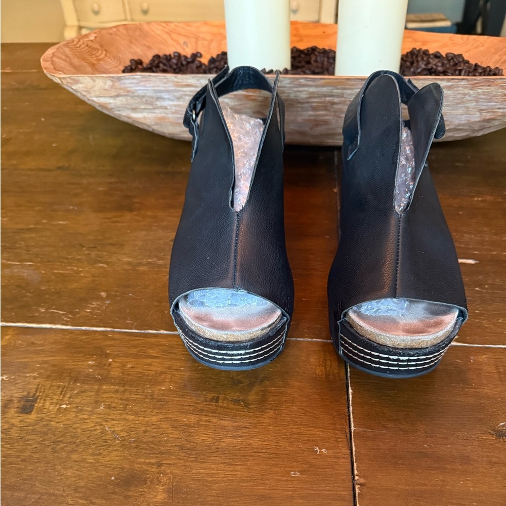 Black Peep-Toe Wedge Sandals